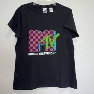 NEW MTV Black T-Shirt Women's Large Checkered Hot Pink Neon Green Classic Cotton
